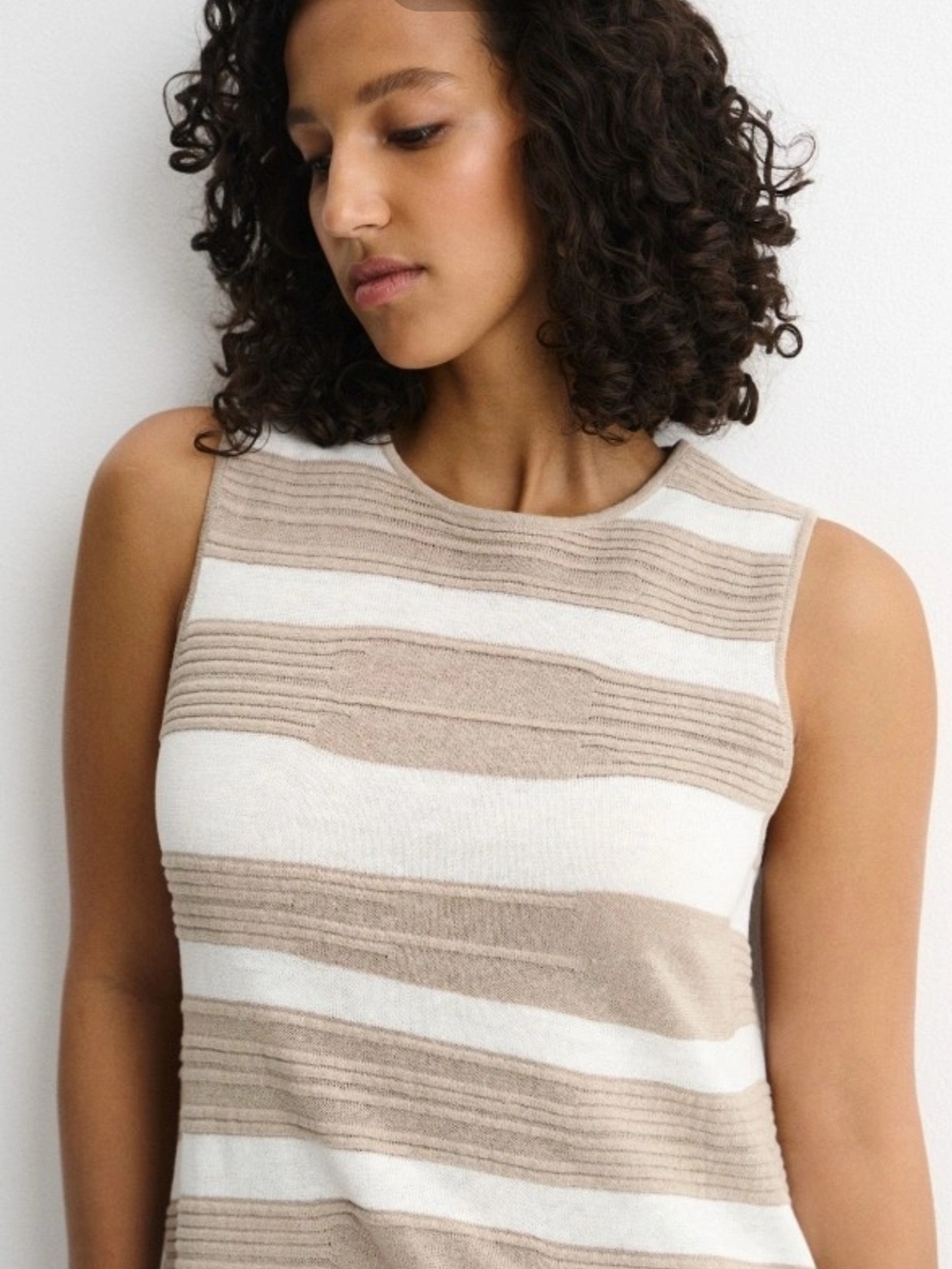 Adolfo Dominguez Beige & White Striped Sleeveless Knit Tank